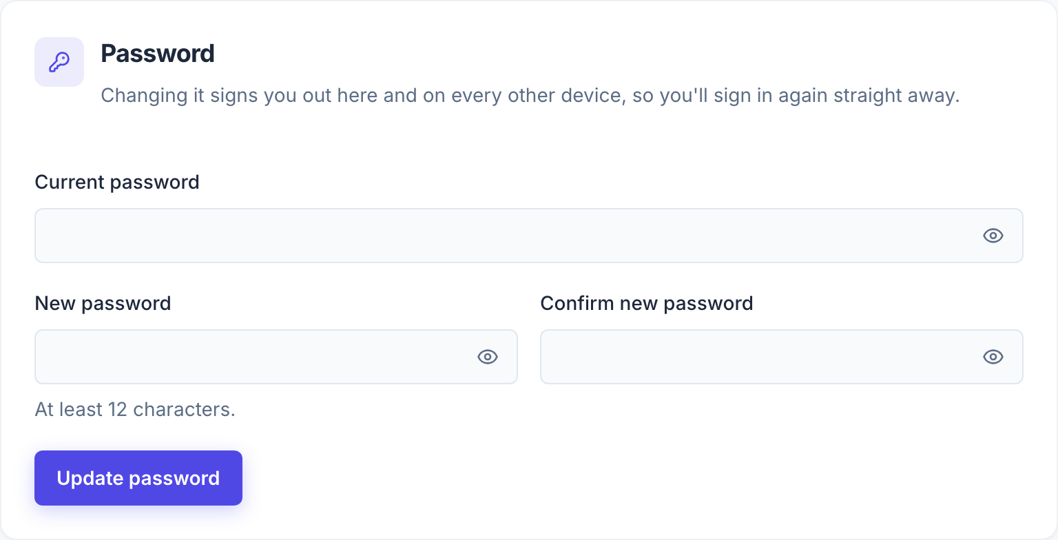 Three boxes, and the length rule stated before you type rather than after a refusal.