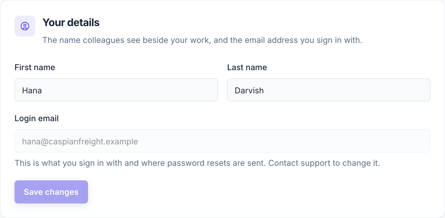Your name is yours to change. The login email is shown greyed, with the reason beside it.