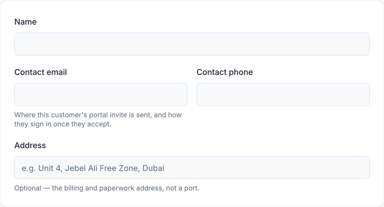 The new-customer form. A name is the only required field; the other three are how the paperwork reaches them.