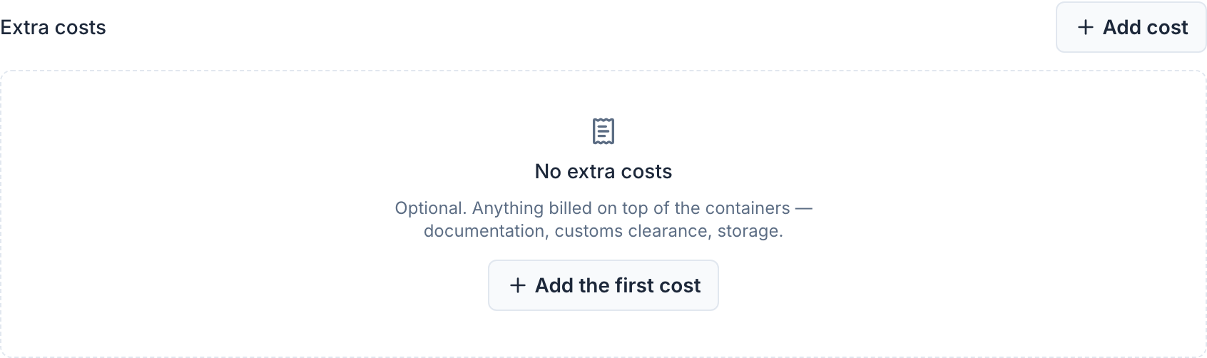 Extra costs are free text and a price — demurrage, storage, an amendment fee.