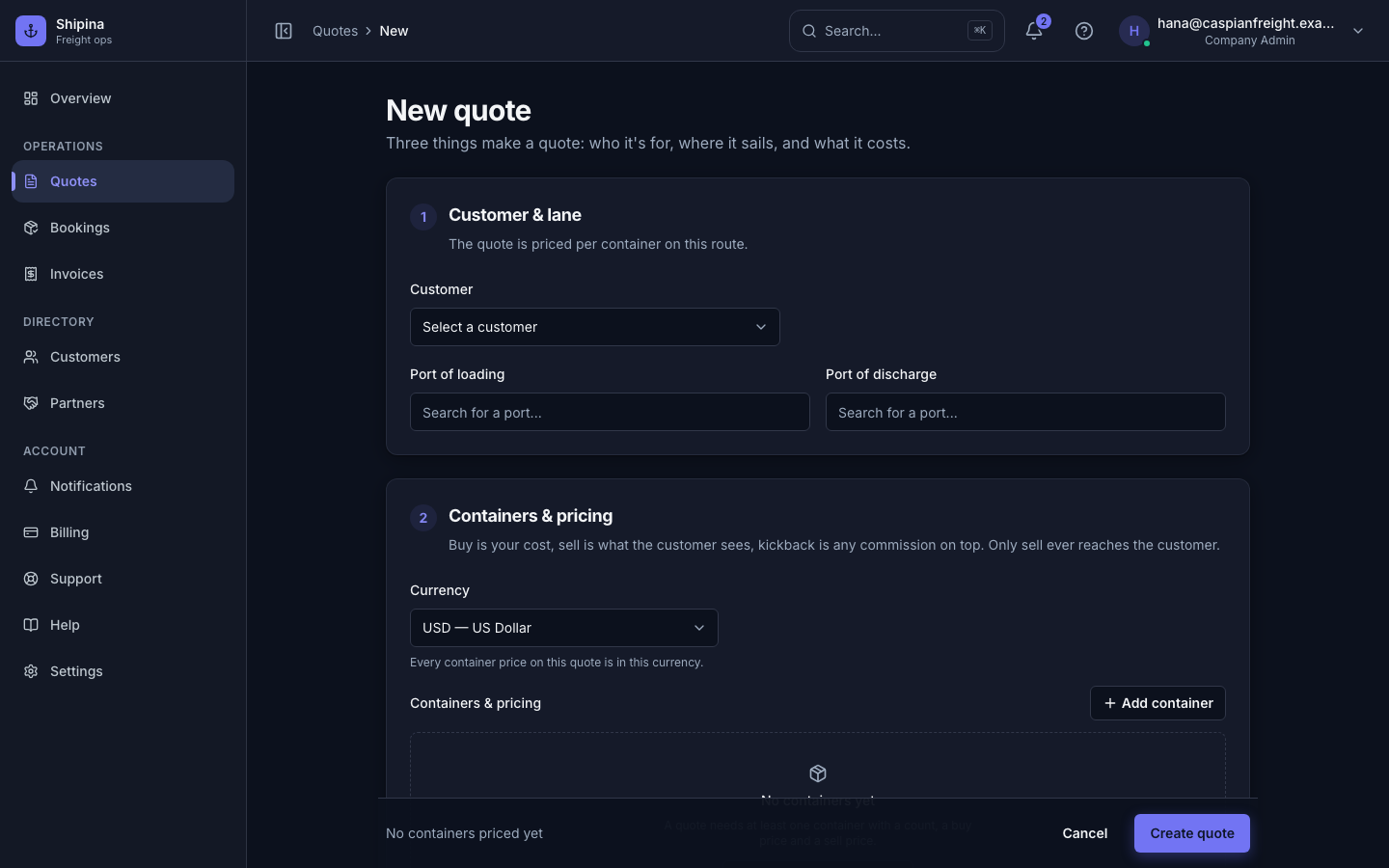 Building a rate quote in Shipina: route, containers and line-item pricing.