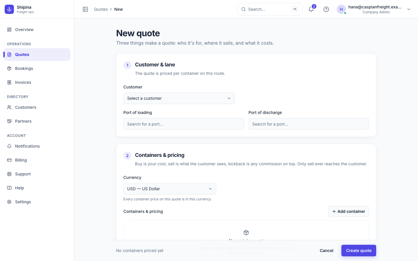 Building a rate quote in Shipina: route, containers and line-item pricing.