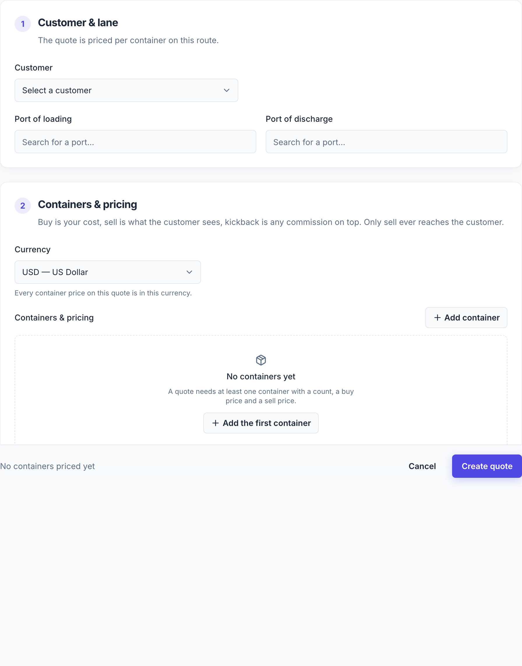 The new quote form. Nothing is sent to the customer yet — saving leaves the quote in Draft.