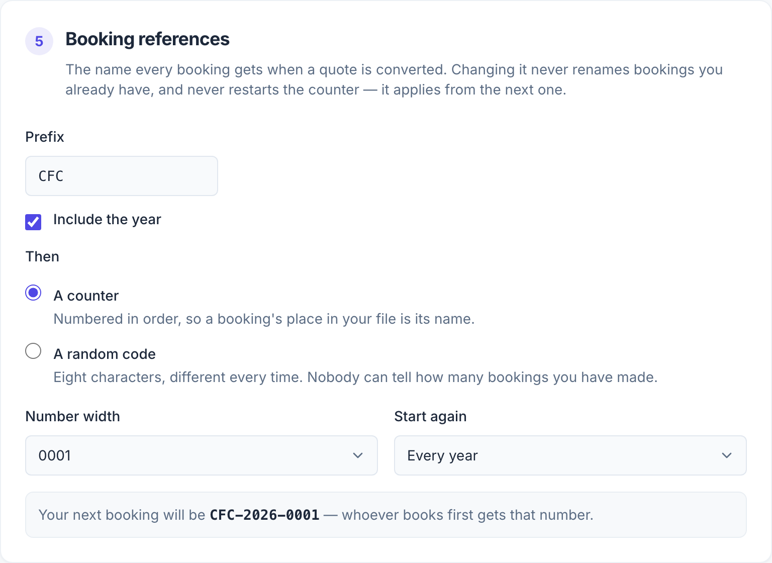 The five settings that spell a reference, with the next one you will issue written out underneath.