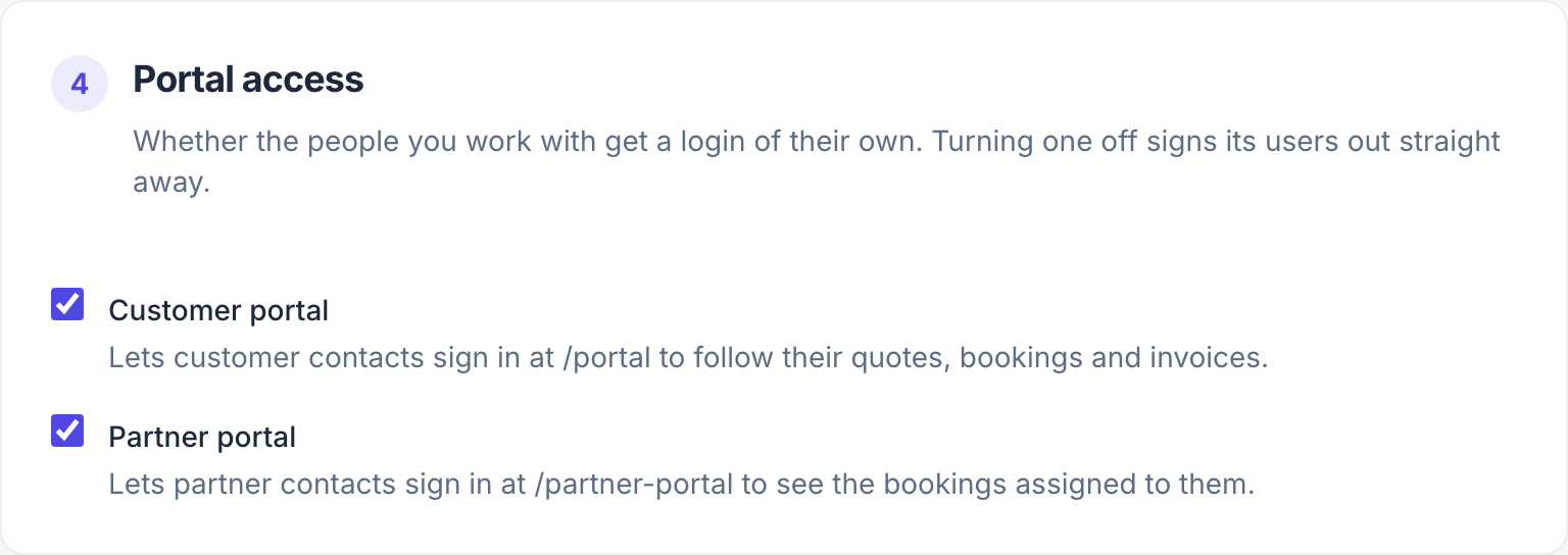 Two switches, one per portal. A portal your plan does not include cannot be switched on.