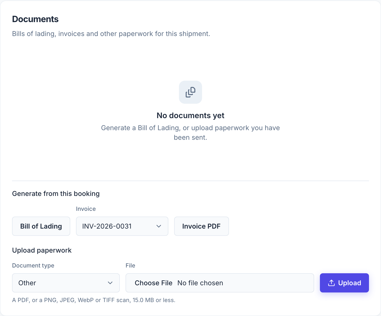 Uploaded and generated documents sit together on the booking, each tagged with its kind.