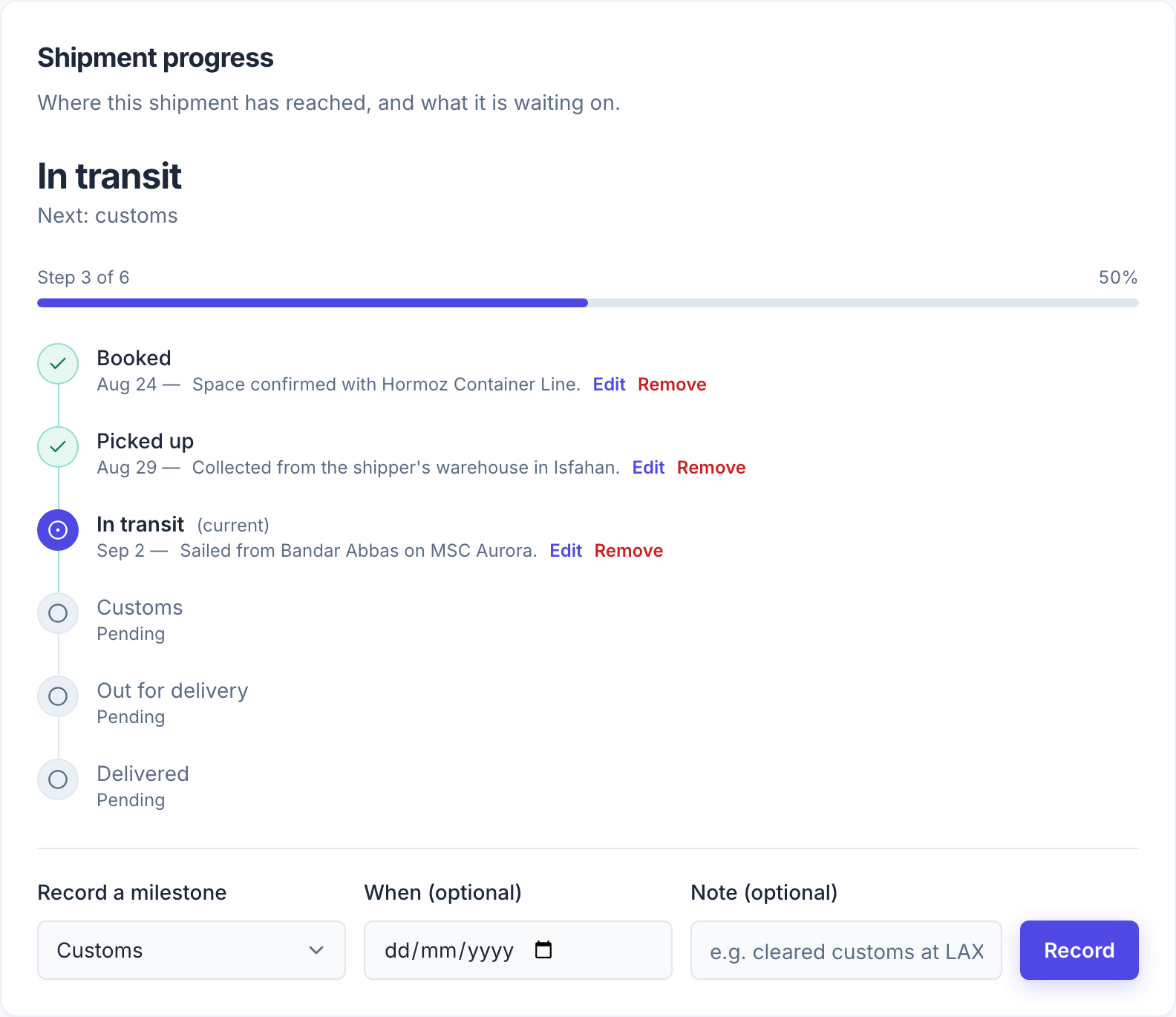 The journey sits at the top of a booking, because "where is it" is the question a booking gets opened with.